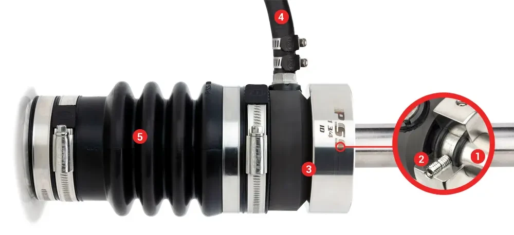 PSS Shaft Seal components — rotor, set screws, carbon stator, vent fitting and bellow
